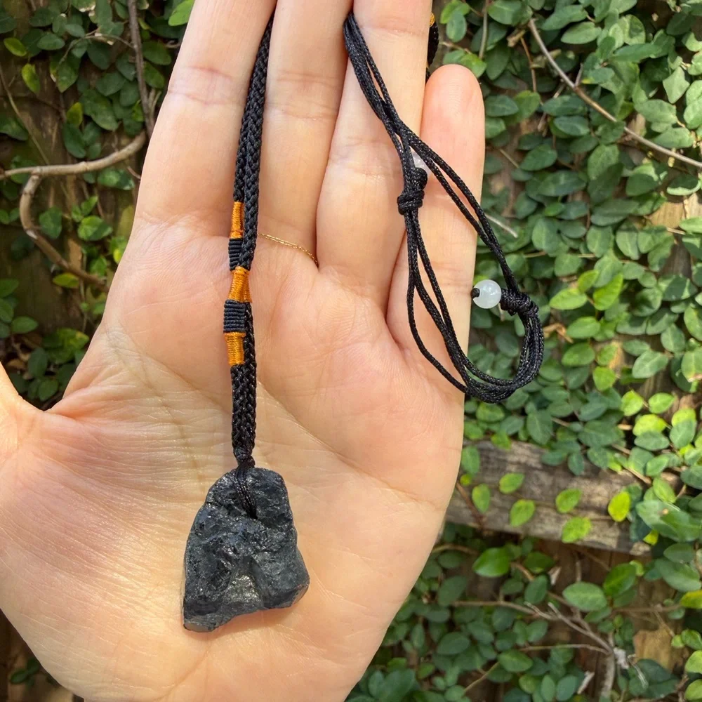 Natural Black Stone Pendant Necklace Adjustable